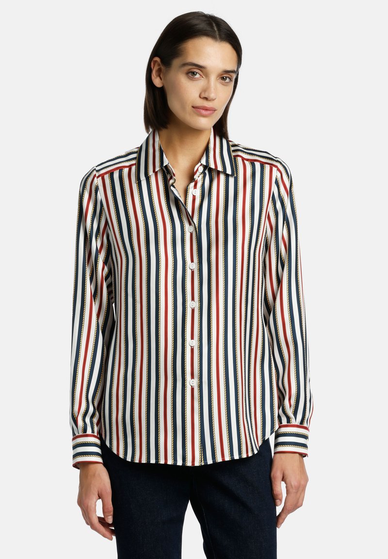 Striped button-up shirt with long sleeves, featuring vertical red, navy, and gold stripes on a white background; soft fabric and classic collar.