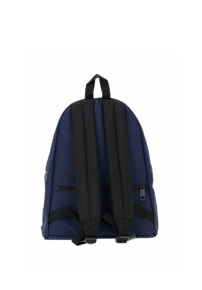 Dark blue backpack with two padded black shoulder straps and a top carry handle, shown from the back on a white background.