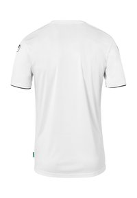 T-shirt blanc à manches courtes en tissu lisse. Il présente un col rond, des bordures noires contrastantes sur les manches et un petit logo sur l'épaule gauche.