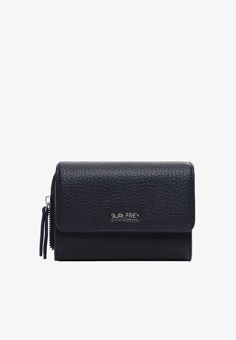 Schwarze, strukturierte Lederbrieftasche mit Reißverschluss und Klappverschluss, vorne mit silbernem "Suri Frey"-Logo.