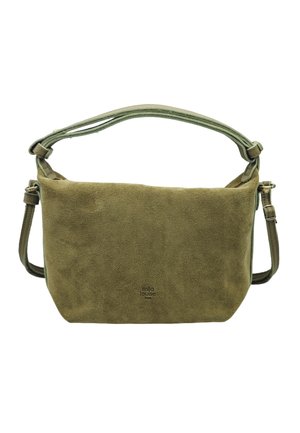 Sac à bandoulière en daim vert olive avec des bretelles ajustables et le logo « mila louise PARIS » centré sur le devant.