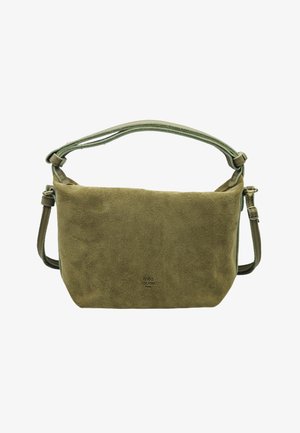 Sac à bandoulière en daim vert olive avec des bretelles ajustables et le logo « mila louise PARIS » centré sur le devant.