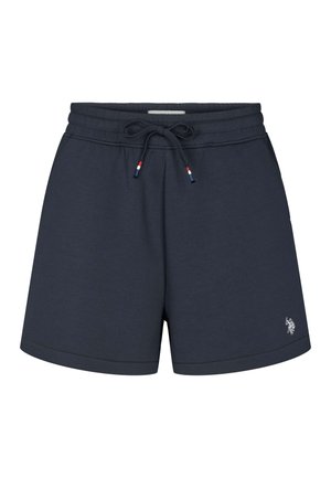 Marineblå bomuldsshorts med elastisk talje, snøre med røde og hvide accenter samt en lille logo på den nederste venstre ben.
