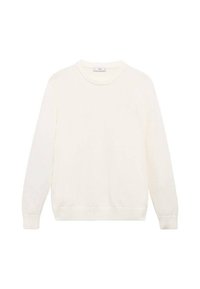 Sweter w kolorze kremowym z okrągłym dekoltem, ściągaczami na rękawach i u dołu, wykonany z miękkiego dzianiny. Prosty, bez zdobień design.