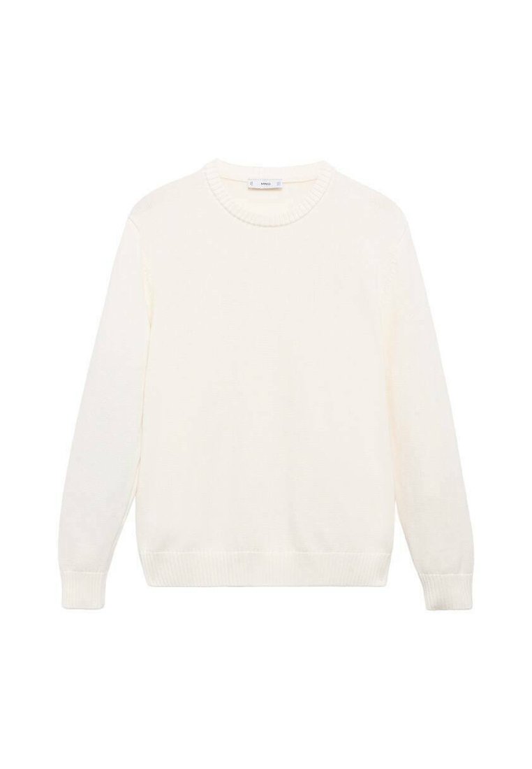 Cremfarbener Pullover mit rundem Ausschnitt, gerippten Abschlüssen und Saum, aus weichem Strickmaterial gefertigt. Schlichtes, unvergünstigtes Design.