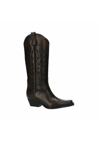 Botte de cowboy en cuir marron avec un bout pointu, couture surélevée en motif zigzag sur la tige, talon effilé et anse pour un enfilage facile.