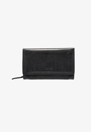 Black leather wallet with a smooth texture, fold-over design, and a side zipper. Features subtle logo detail on the front.