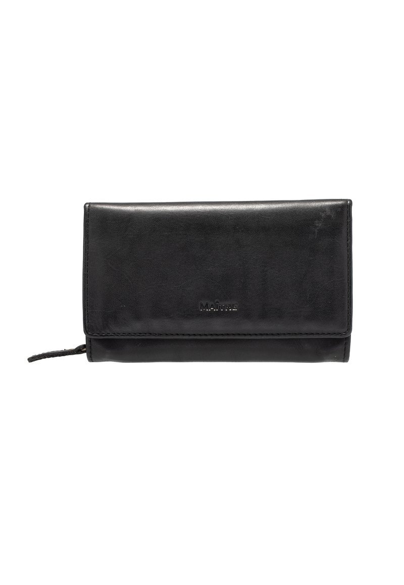 Portefeuille en cuir noir avec une texture lisse, design pliable et fermeture éclair sur le côté. Présente un discret logo sur le devant.