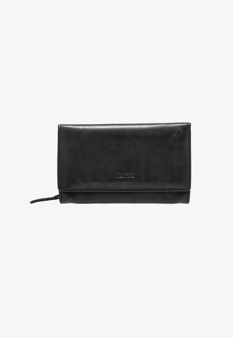 Portefeuille en cuir noir avec une texture lisse, design pliable et fermeture éclair sur le côté. Présente un discret logo sur le devant.