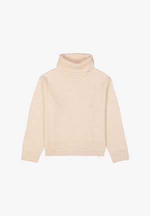 Suéter color crema de cuello alto con cuello y puños acanalados, hecho de material suave y texturizado. Presenta un corte holgado y hombros caídos.
