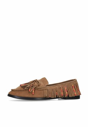 Brown suede loafer with fringe and colorful red and orange bead accents, flat black sole, and decorative bow on top.