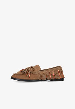 Brown suede loafer with fringe and colorful red and orange bead accents, flat black sole, and decorative bow on top.