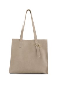 Borsa tote in pelle beige con manici lunghi, forma rettangolare, texture liscia e un accento dorato con il logo "MC" sul lato.
