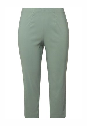 Zelené, elastické kalhoty s elastickým pasem, s hladkým povrchem a zkrácenou délkou. Bez kapes nebo dalších kovových prvků.