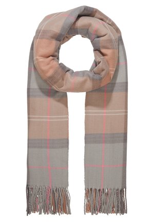 Měkký vlnený šátek s béžovým, šedým a růžovým kostkovaným vzorem, zakončený třásněmi, opatřený smyčkou, na bílém pozadí.