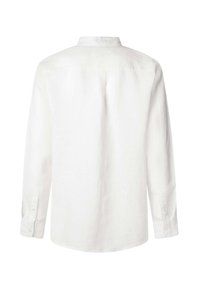Camicia bianca a maniche lunghe realizzata in tessuto leggero, con colletto a punta e polsini abbottonati, caratterizzata da una texture liscia e uniforme.