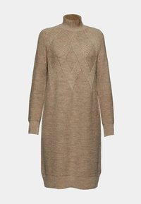 Longue robe pull beige en maille avec col montant, poignets, ourlet côtelés et motif texturé en forme de losanges sur la poitrine et les épaules.