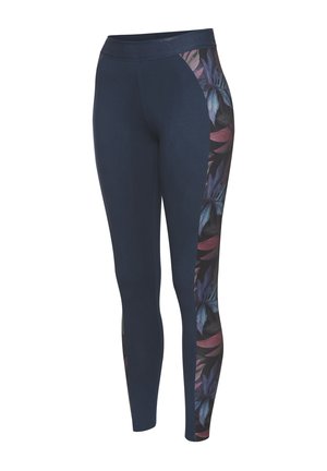 Navy Leggings mit schmaler Passform, die seitliche Einsätze in Grüntönen und Burgunder zeigen, aus einem dehnbaren Stoff hergestellt.