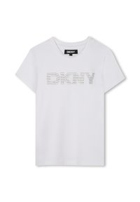 Biały bawełniany T-shirt z logo "DKNY" w metalowych ćwiekach. Klasyczny okrągły dekolt, krótki rękaw i luźny krój.