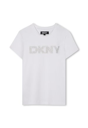 T-shirt bianca in cotone con il logo "DKNY" in borchie metalliche. Collo rotondo classico, maniche corte e vestibilità rilassata.