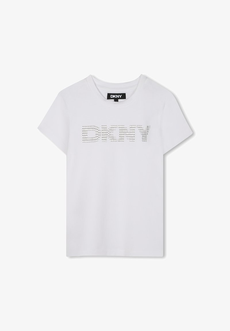 Biały bawełniany T-shirt z logo "DKNY" w metalowych ćwiekach. Klasyczny okrągły dekolt, krótki rękaw i luźny krój.