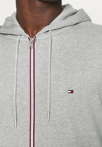 Felpa con cappuccio grigia con zip argentata, strisce rosse e bianche in evidenza sul davanti e un piccolo logo multicolore sul petto sinistro.