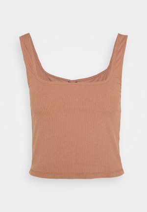 Sleeveless ribbed crop top in light brown with wide straps and a square neckline on a white background.
