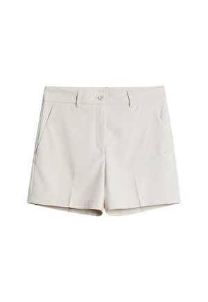 Klassiset vaaleanbeige-shortsit, jotka on valmistettu sileästä kankaasta. Yksityiskohtiin kuuluvat etupyörteet, kaksi sivutaskua ja napin suljenta klassisella vyötärölinjalla.