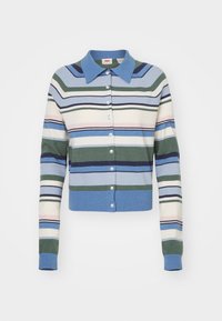 Knit cardigan med färgglada horisontella ränder i blått, grönt, rosa och grädde. Avslutad med knäppning framtill och en klassisk krage.