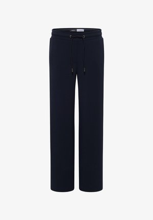 Námořnické modré jogger kalhoty vyrobené z měkké bavlněné směsi, s elastickým pasem na šňůrku a dvěma bočními kapsami, s rovnými nohavicemi.