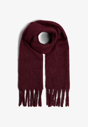 Burgundy scarf made of soft, fuzzy material, featuring a rectangular shape with fringed ends and a smooth texture.