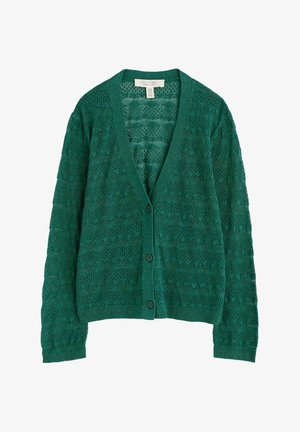 Gilet en tricot vert avec un col en V, une fermeture à boutons et un motif texturé avec des détails en maille ouverte sur l'ensemble du tissu.