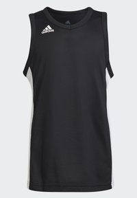 Jersey deportivo sin mangas negro con escote redondo, con paneles laterales blancos y un logo de Adidas en la parte superior izquierda. Fabricado con un tejido transpirable.