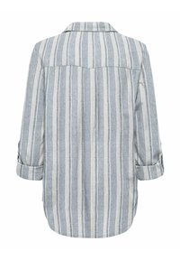 Chemise à manches longues avec des rayures verticales bleu clair et blanc, manches retroussées et ourlet incurvé vue de dos.