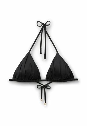 Schwarzes Triangel-Bikinioberteil mit dünnen Trägern, die am Hals und Rücken zu Schleifen gebunden sind, glatter Stoff mit leicht gerafften Cups.