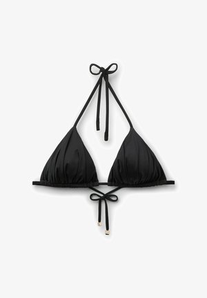 Schwarzes Triangel-Bikinioberteil mit dünnen Trägern, die am Hals und Rücken zu Schleifen gebunden sind, glatter Stoff mit leicht gerafften Cups.