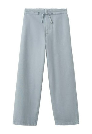 Pantaloni largi gri deschis, cu talie elastică și șnur reglabil, având o croială lejeră și tivuri drepte.