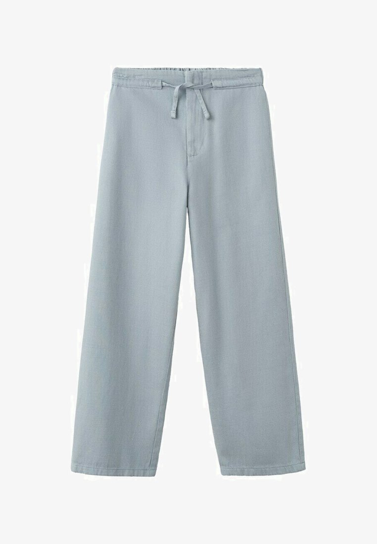 Svijetlosive široke hlače s elastičnim pojasom i vezicom, s ležernim krojem i ravnim rubovima.