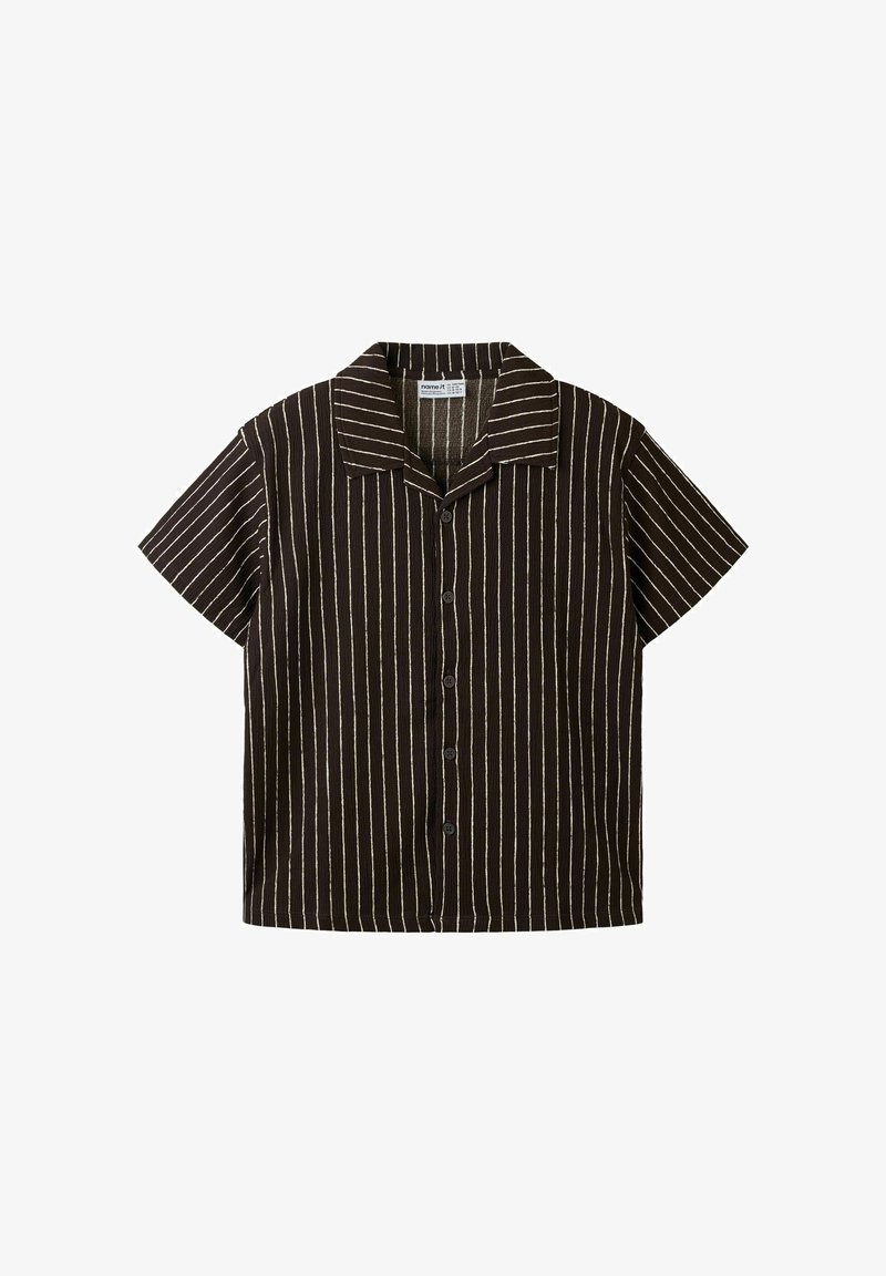 Chemise noire à manches courtes avec des rayures blanches verticales et un col à revers, posée à plat sur un fond blanc.