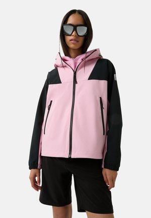 Lichte jas in roze en zwart met een rits aan de voorkant, capuchon en zijzakken. Heeft een color-block design met contrasterende texturen.