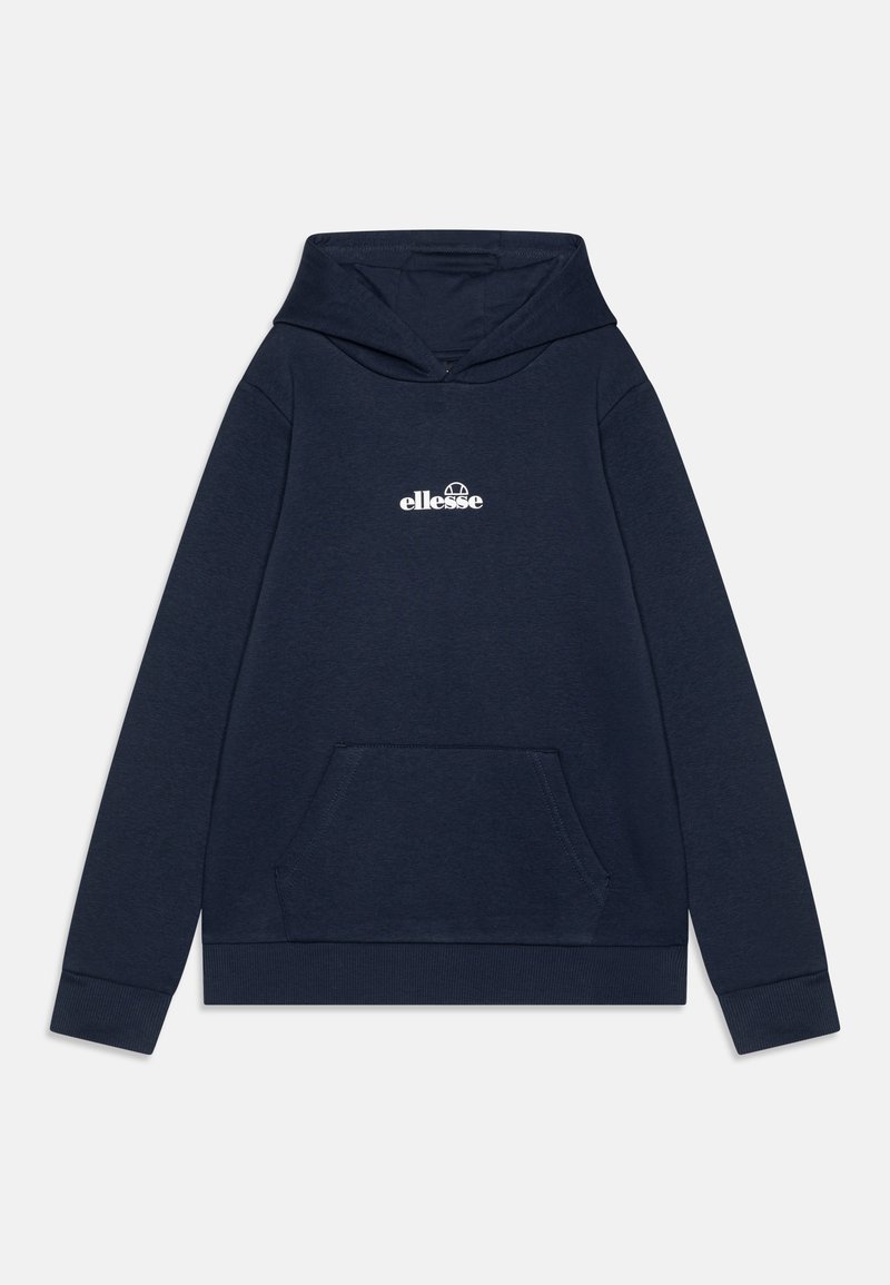 Marineblå hettegenser laget av mykt stoff, med en frontlomme, ribbestrikkede mansjetter og en logo på øvre bryst i hvit.