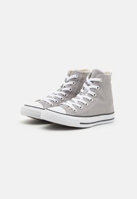 Gray canvas high-top sneakers with white laces, rubber toe cap, and black stripe along the sole. Features metal eyelets and stitching details.