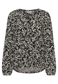 Svart blus med vitt blommönster, långa ärmar, V-ringning, knappstängning fram och en lätt rundad nederkant. Lätt, slätt tyg.