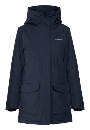Navy blue mid-length waterproof jacket with hood, front zip and flap pockets, and Didriksons logo on chest.