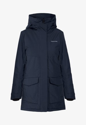 Navy blue mid-length waterproof jacket with hood, front zip and flap pockets, and Didriksons logo on chest.