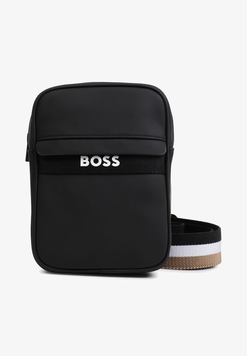 Black nylon crossbody bag with a zip closure, featuring a front mesh pocket and "BOSS" logo. Strap has black, white, and gold accents.