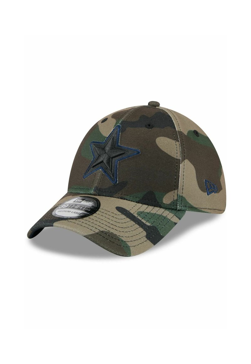 Casquette camouflage avec un broderie d'étoile bleu foncé, couronne arrondie et visière incurvée. Fabriquée en tissu avec un motif texturé de style militaire.