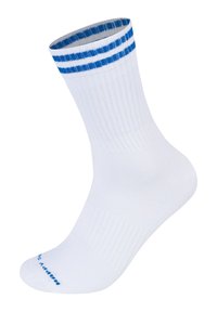 Biała bawełniana skarpetka z niebieskimi poziomymi paskami na górze. Posiada ryflowaną teksturę i wzmocniony czubek. Nadrukowany tekst z boku.