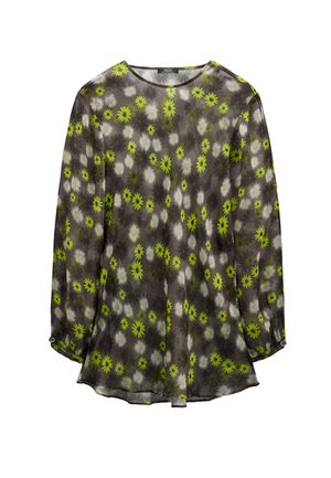 Bluzka z długim rękawem, przezroczysta, w szarym, białym i zielonym kwiatowym wzorze, z okrągłym dekoltem i zapinanymi mankietami.