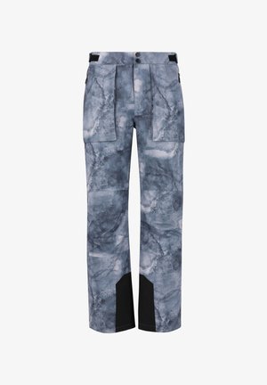 Vedenkestävä lumipuku siniharmaassa marmorikuosissa. Siinä on suuret taskut, säädettävä vyötärö ja mustat vahvistetut hihnat.